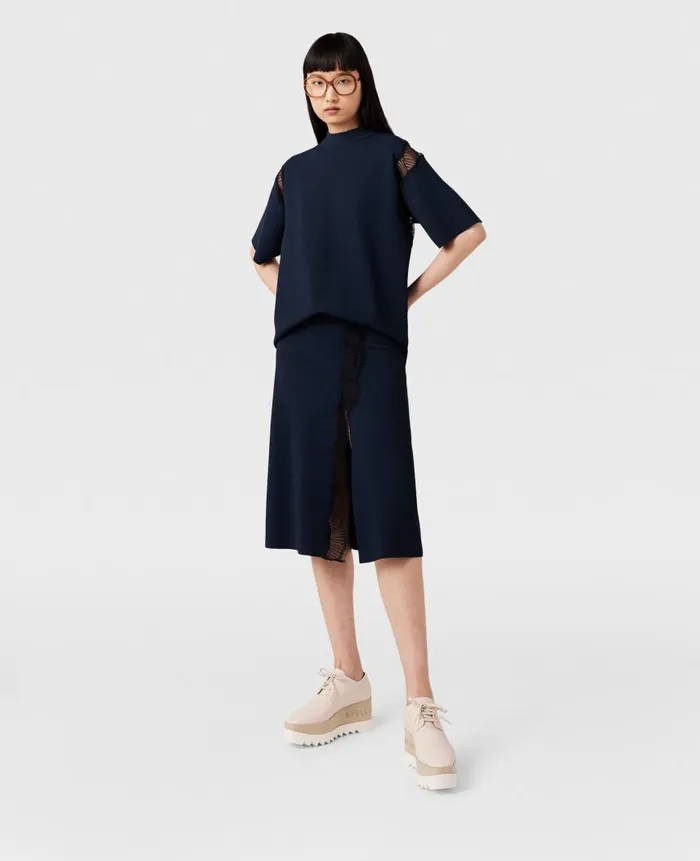 Women Knitwear Stella McCartney Lace Insert MidRise Midi Skirt Deep Navy