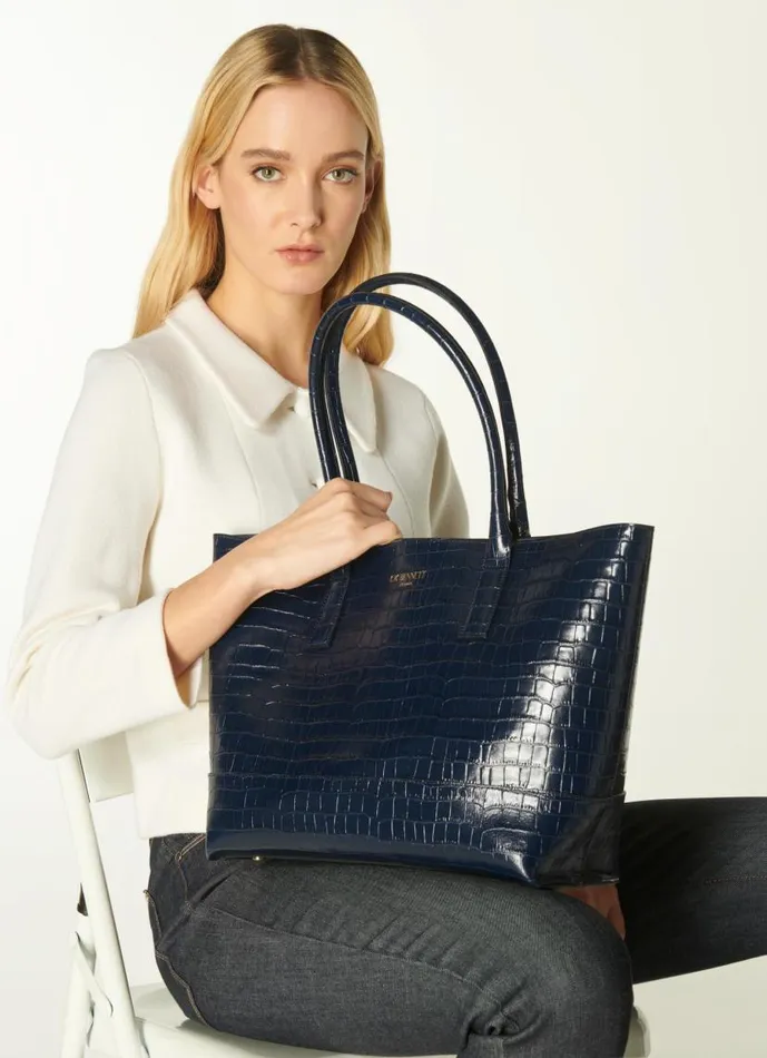 Women Lacey Navy CrocEffect Leather Tote Bag LKBennett Tote Bags