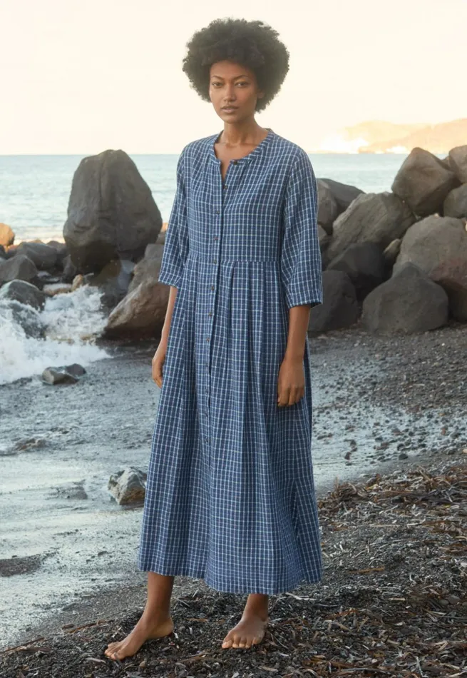 Women Long Checked Dress Navy Aqua Poetry Fashion Dresses and Skirts