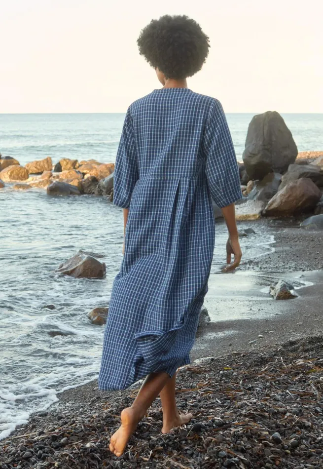 Women Long Checked Dress Navy Aqua Poetry Fashion Dresses and Skirts