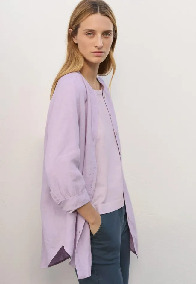Women Long Curvedhem Shirt Pink Lilac Poetry Fashion Shirts and Tunics