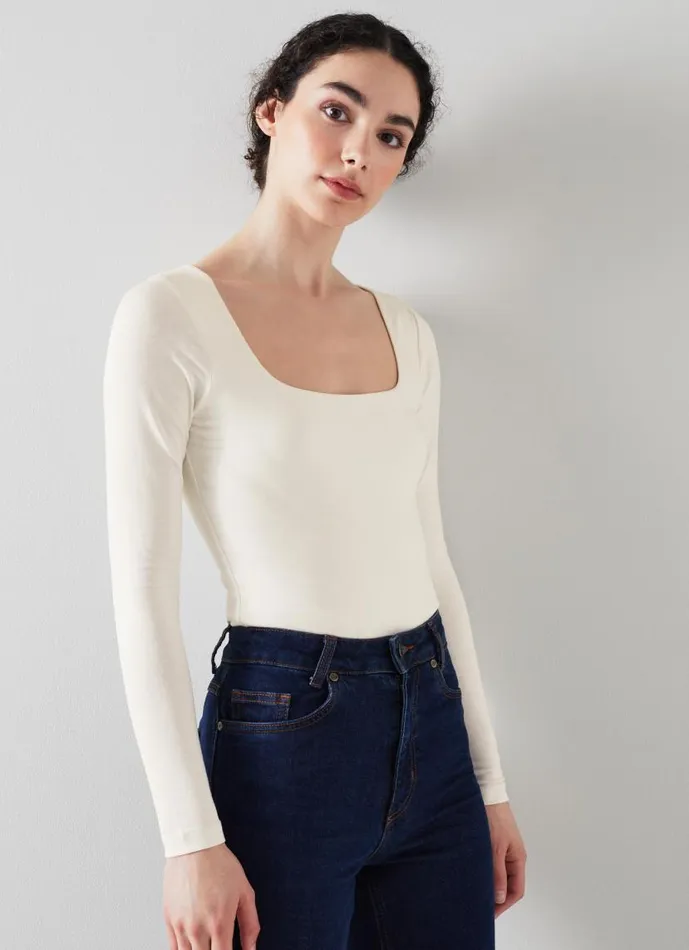 Women Miriam Ivory Square Neck Top With LENZING ECOVERO Viscose Ivory LKBennett Tops