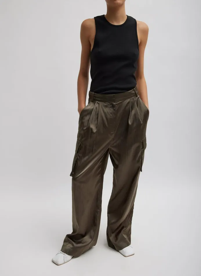 Women Pants and Shorts Tibi Shiny Nylon Pleated Stella Cargo Pant Dune