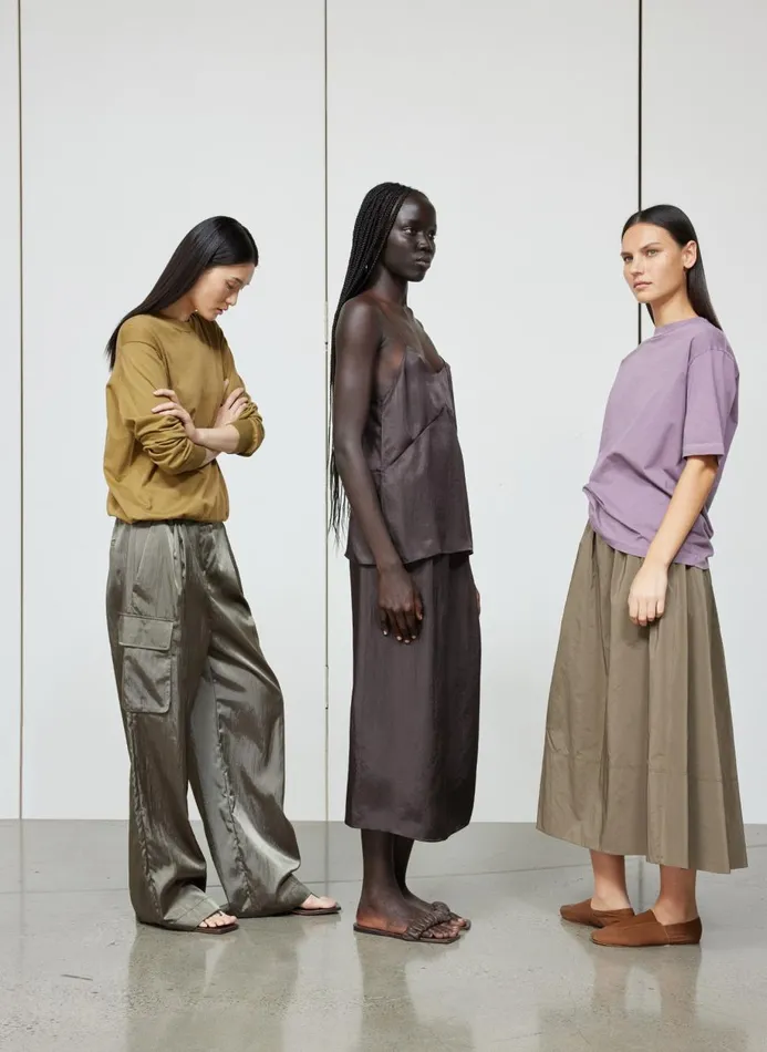 Women Pants and Shorts Tibi Shiny Nylon Pleated Stella Cargo Pant Dune