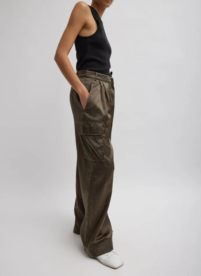 Women Pants and Shorts Tibi Shiny Nylon Pleated Stella Cargo Pant Dune