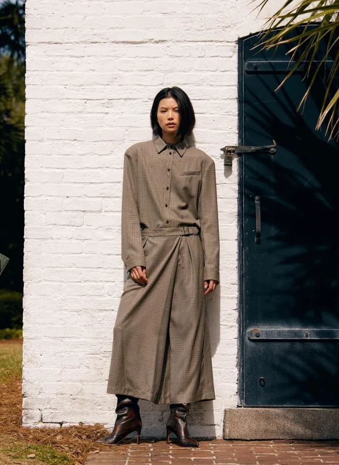 Women Pants and Shorts Tibi Thomas Menswear Check Wrap Culotte Tan Multi