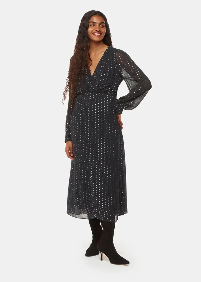 Women Petite Dresses and Jumpsuits Whistles Black Petite Metallic Stripe Midi Dress