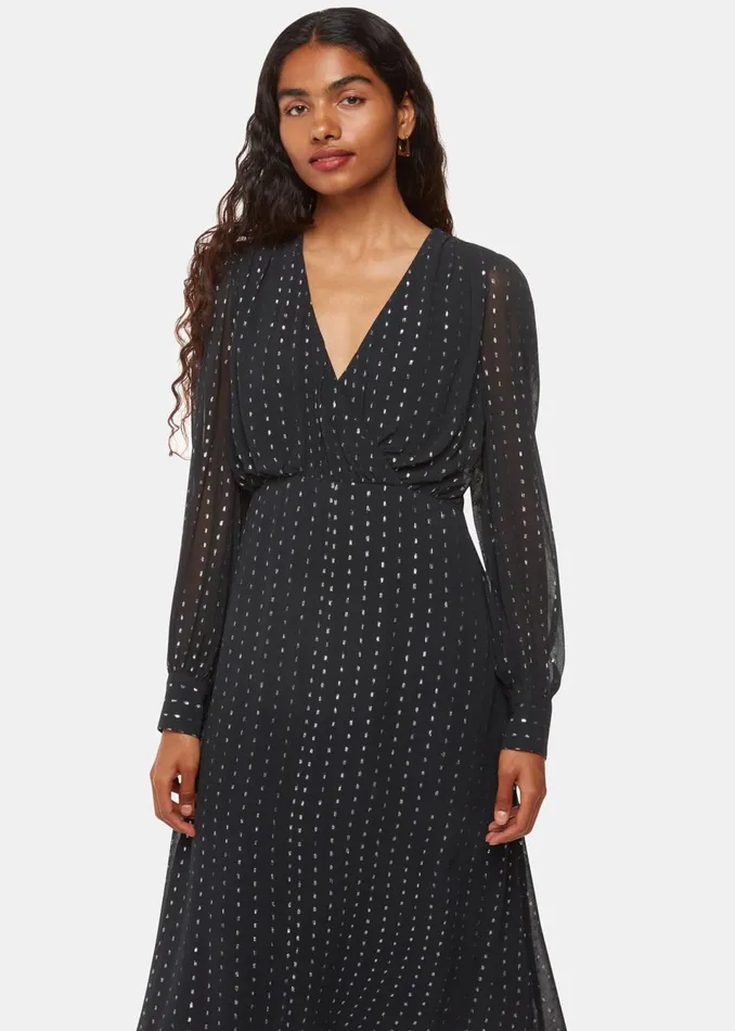 Women Petite Dresses and Jumpsuits Whistles Black Petite Metallic Stripe Midi Dress