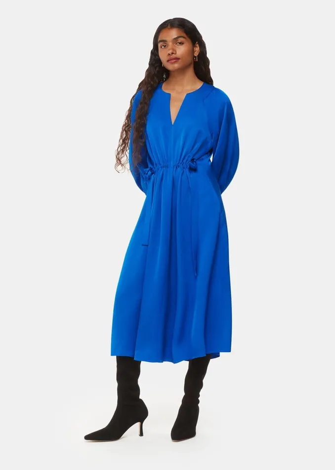Women Petite Dresses and Jumpsuits Whistles Blue Petite Molly Satin Ruched Dress