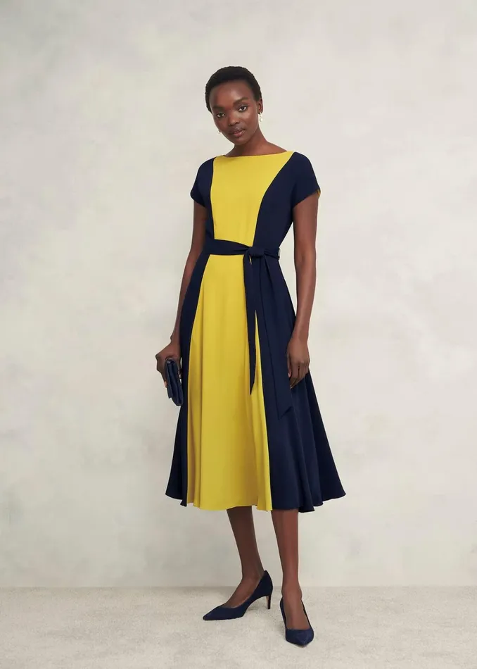 Women Petite Emery Tie Belted Dress Navy Yellow Hobbs Dresses and Jumpsuits