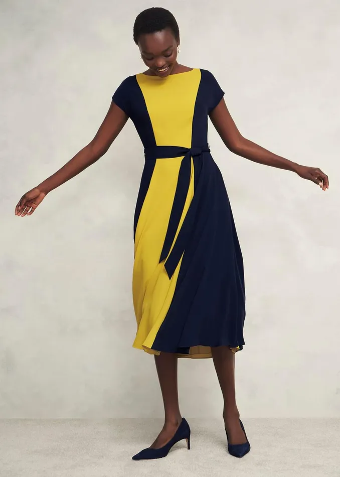 Women Petite Emery Tie Belted Dress Navy Yellow Hobbs Dresses and Jumpsuits