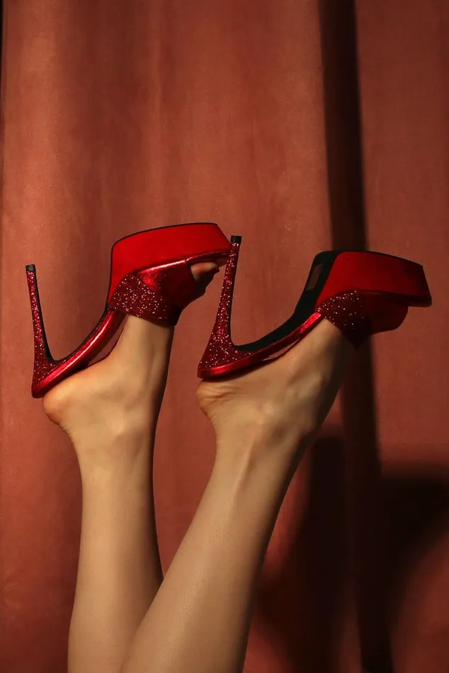Women Sandal Jeffrey Campbell BORDERLINE Red Glitter Combo