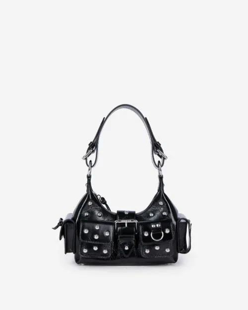 Women Shoulder Bags The Kooples Amelia Small Bag In Black Cracked Leather With Studs Black