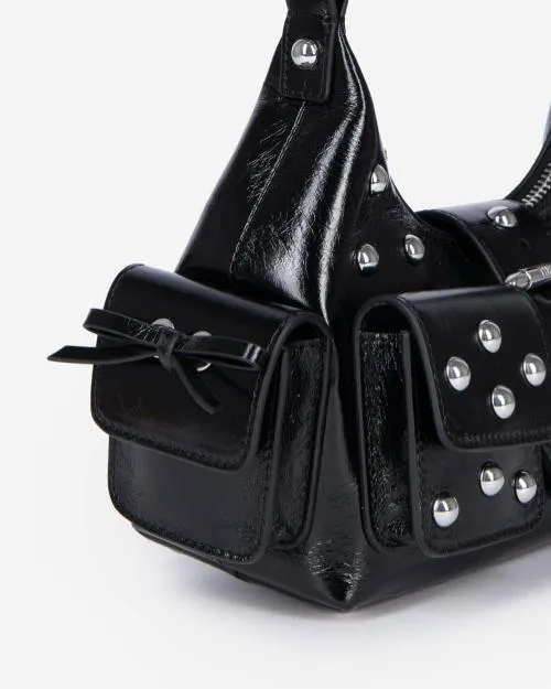 Women Shoulder Bags The Kooples Amelia Small Bag In Black Cracked Leather With Studs Black