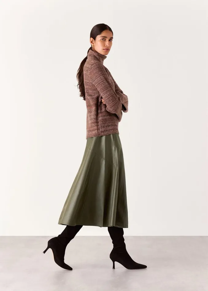Women Skirts Whistles Khaki Zig Zag Panel Leather Skirt