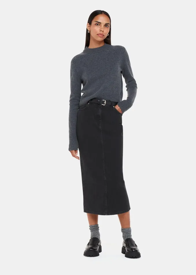 Women Skirts Whistles Washed Black Straight Denim Midi Skirt