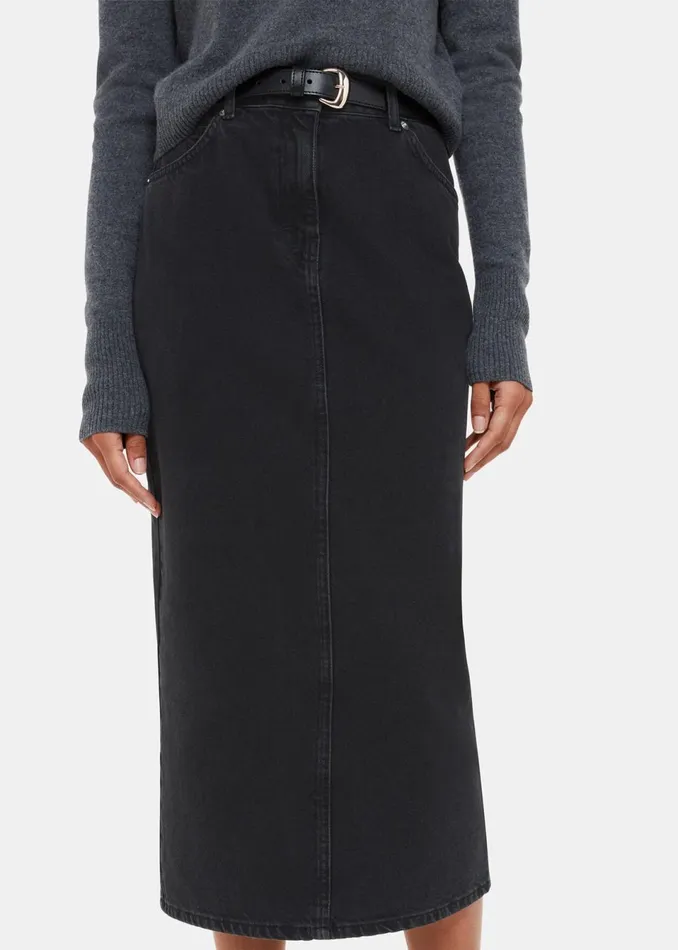 Women Skirts Whistles Washed Black Straight Denim Midi Skirt