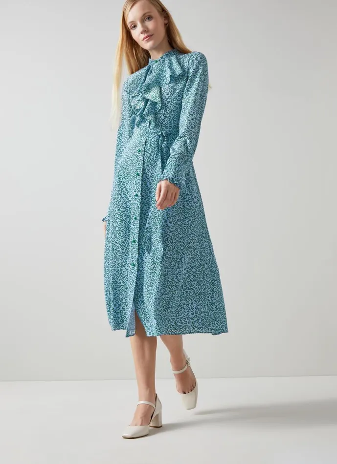 Women Soni Blue And Green Heart Print Silk Dress Green Blue LKBennett Dresses