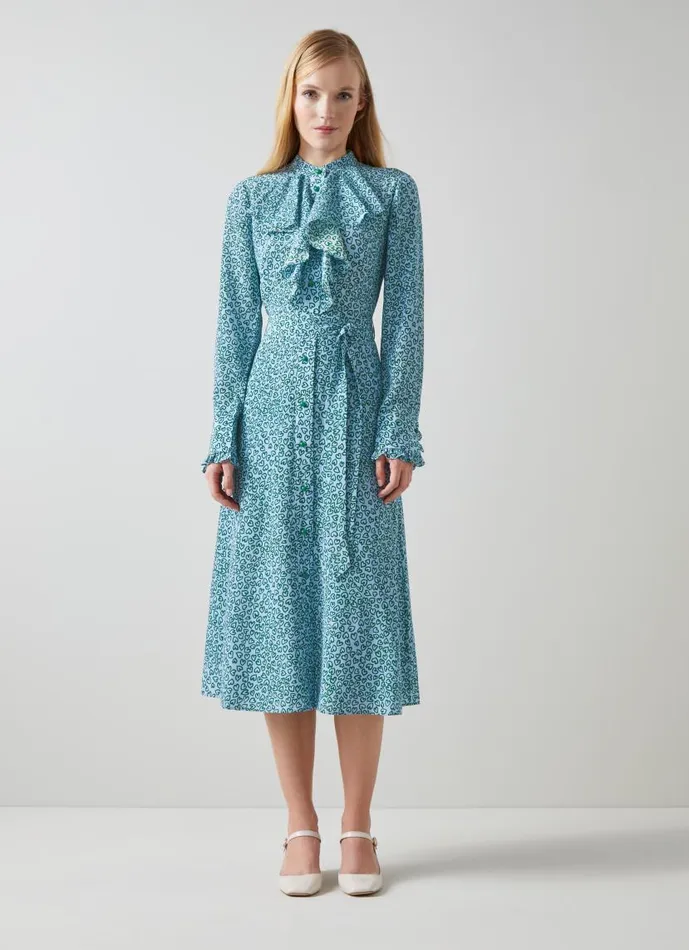 Women Soni Blue And Green Heart Print Silk Dress Green Blue LKBennett Dresses