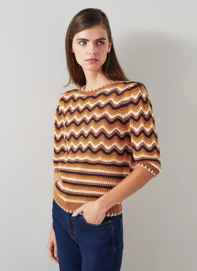 Women Soni Brown Multi Cotton Wavy Knitted Top Multi LKBennett Knitwear