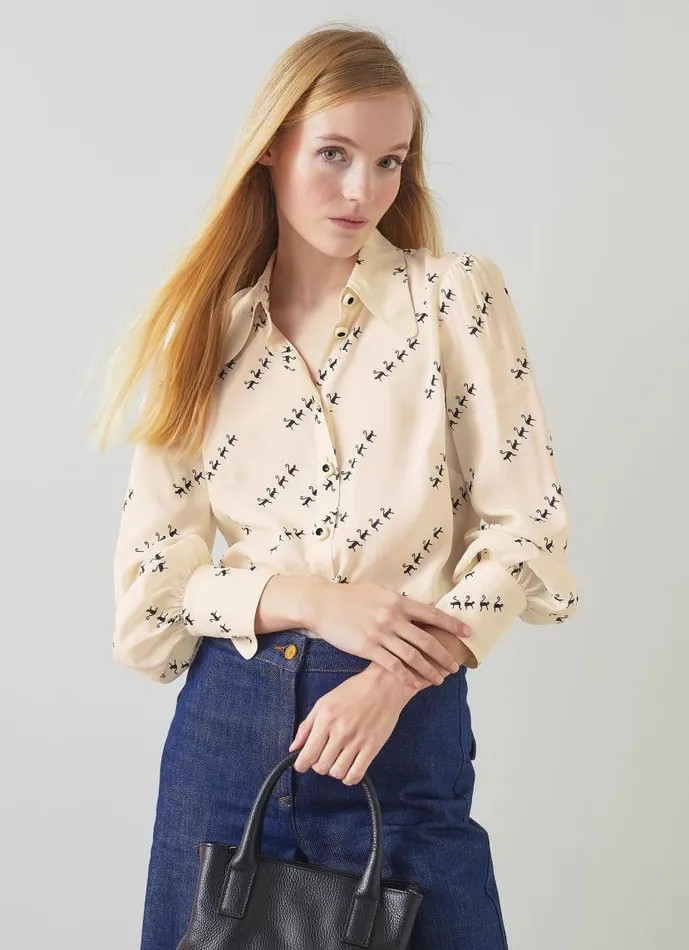 Women Sonya Monkey Print ViscoseSilk Blend Blouse Black LKBennett Tops