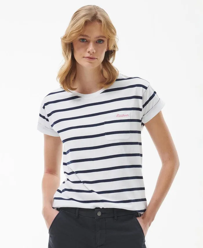 Women TShirts Barbour Otterburn Stripe TShirt Whiteclassic Navy