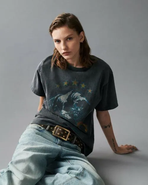 Women Tshirts The Kooples Faded Black Screen Print TShirt Black Washed