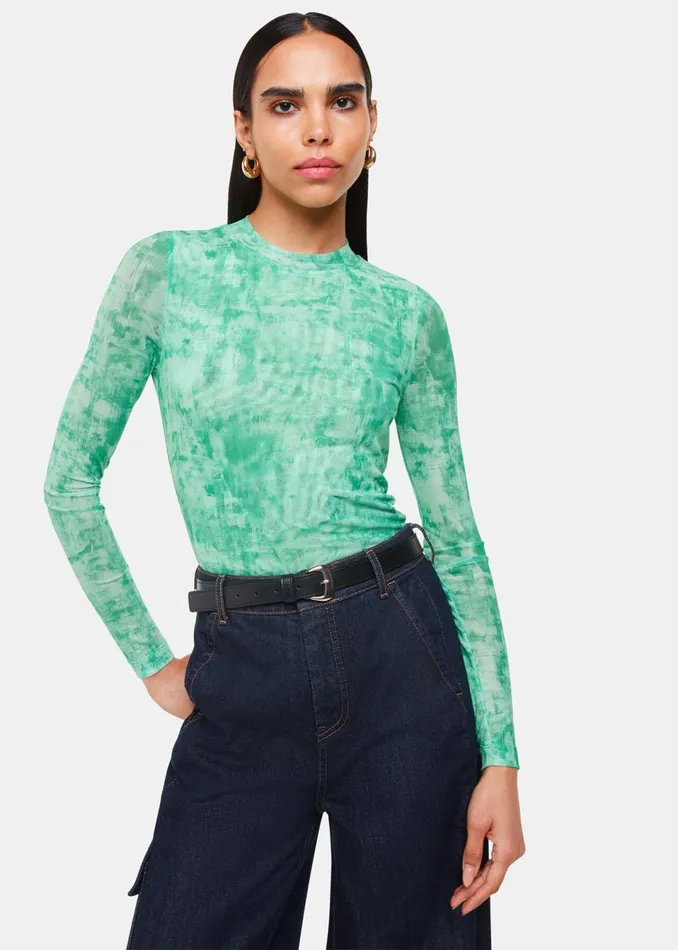 Women TShirts Whistles Green Brushwork Print Mesh Jersey