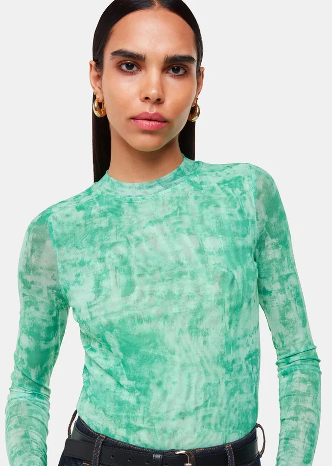 Women TShirts Whistles Green Brushwork Print Mesh Jersey
