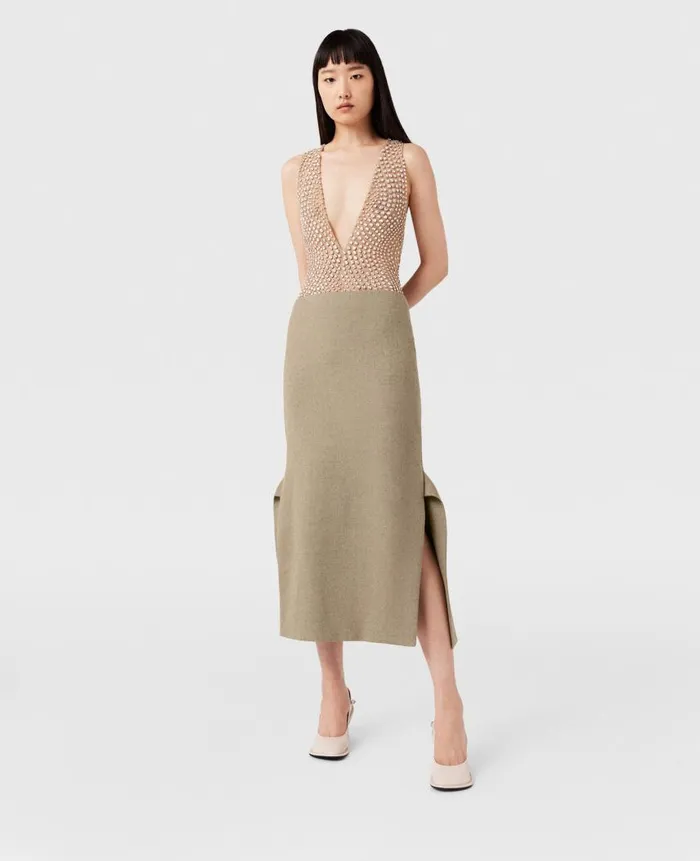 Women Tailoring Stella McCartney MidRise Wool Midi Skirt Light Moss Beige