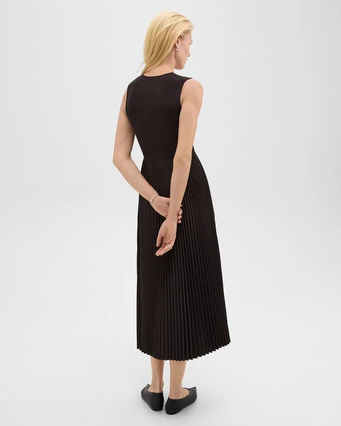 Women Theory Dresses Pleated Combo Dress In Stretch WoolBlend Hickory