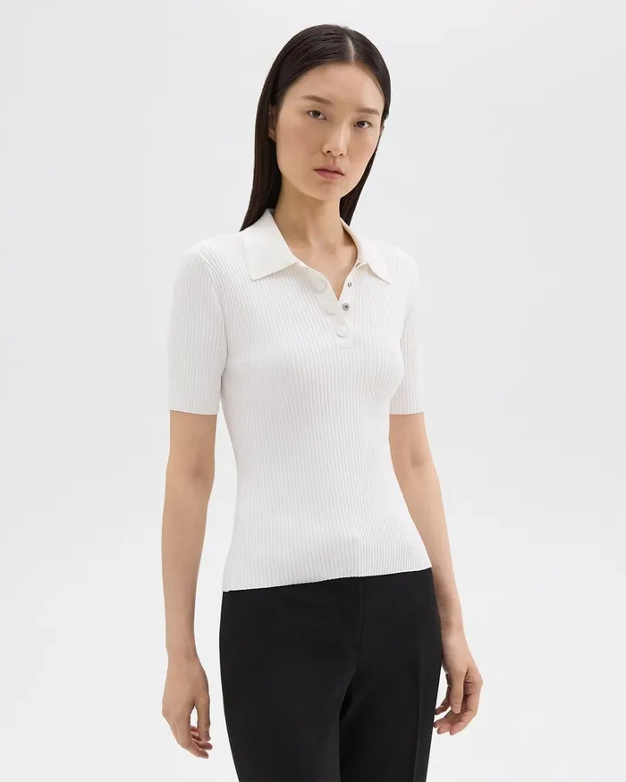 Women Theory Sweaters Cardigans Ribbed Polo In Crepe Knit White