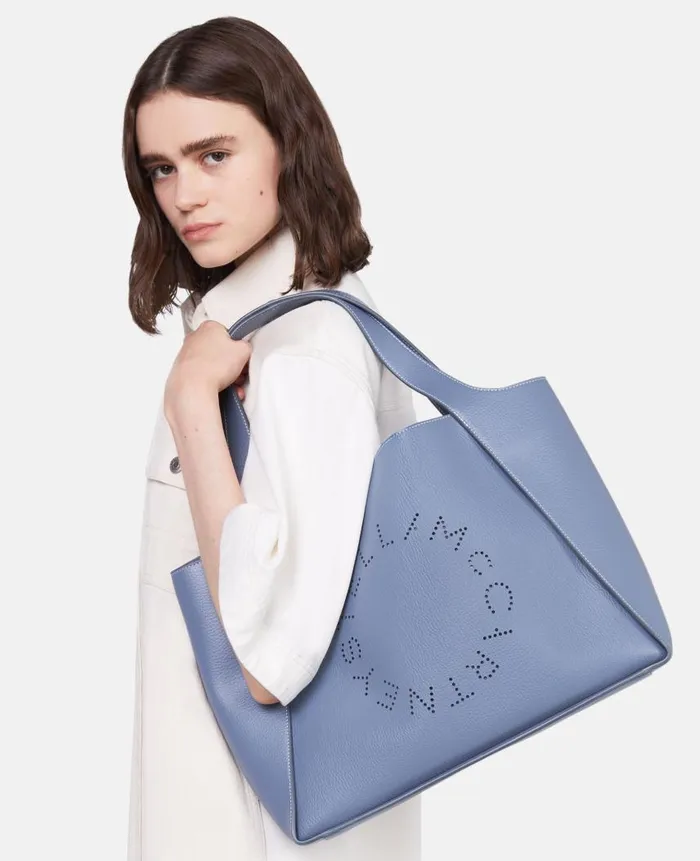 Women TopHandle Bags Stella McCartney Logo Grainy Alter Mat Tote Bag Sky Blue