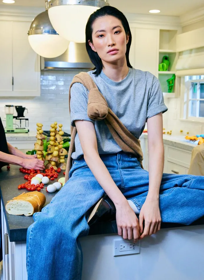 Women Tops Tibi Mock Neck Unisex TShirt Heather Grey