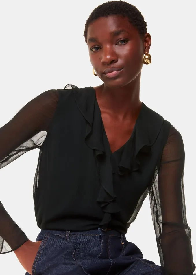 Women Tops Whistles Black Ruffle Collar Detail Blouse