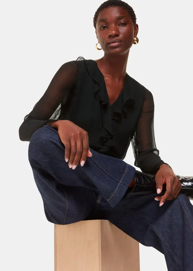 Women Tops Whistles Black Ruffle Collar Detail Blouse