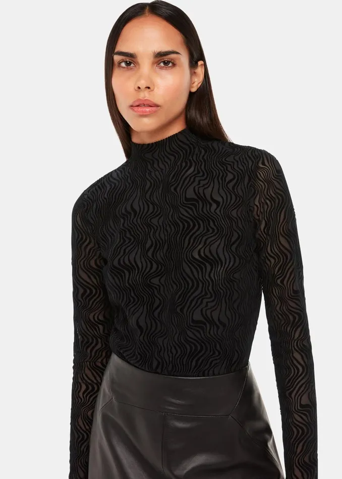 Women Tops Whistles Black Squiggle Mesh Top