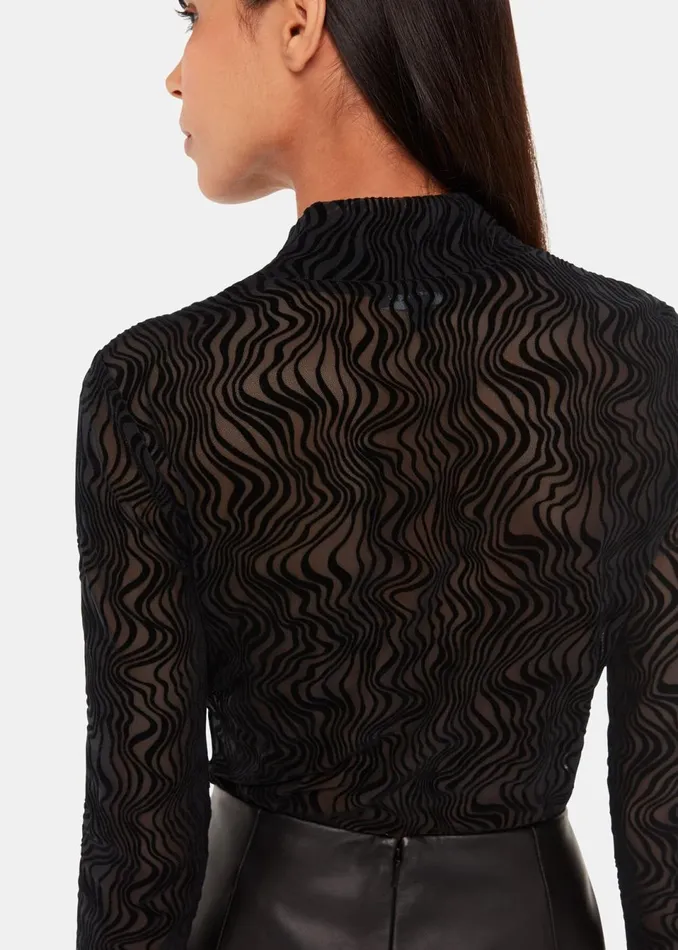 Women Tops Whistles Black Squiggle Mesh Top
