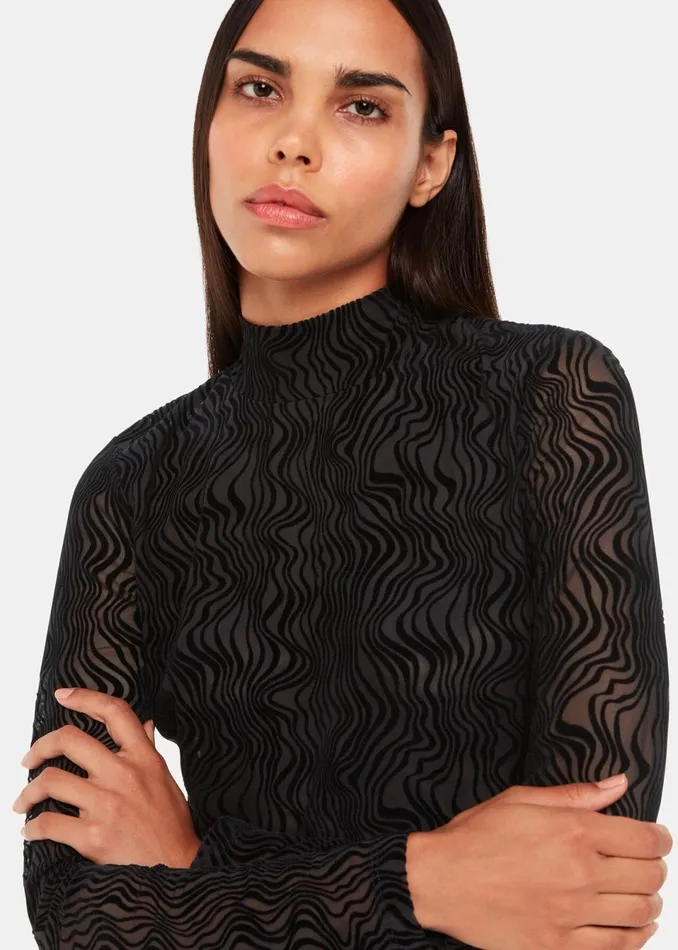 Women Tops Whistles Black Squiggle Mesh Top