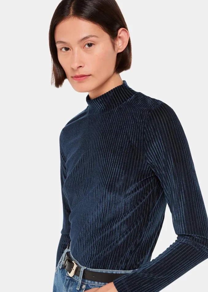 Women Tops Whistles Navy Velvet Stripe High Neck Top