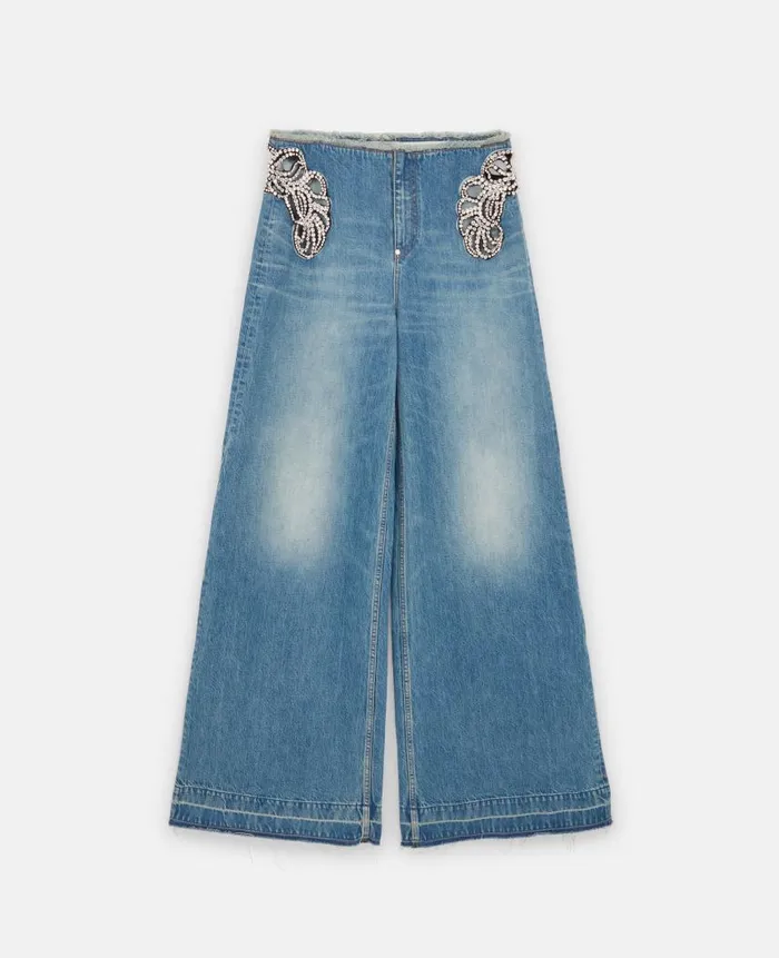Women Trousers And Shorts Stella McCartney Diamant Swirl MidRise Wide Leg Jeans Faded Wash Blue Denim