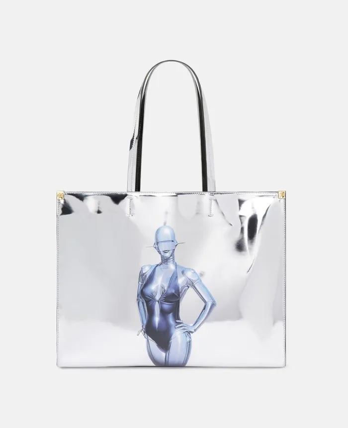 WomenUnisex Tote Bags Stella McCartney Sexy Robot Graphic Mirrored ChromeEffect Tote Bag Silver WomenUnisex Tote Bags Stella McCartney Sexy Robot Graphic Mirrored ChromeEffect Tote Bag Silver