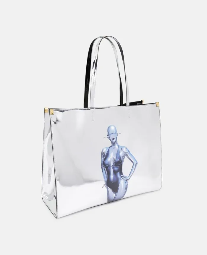 WomenUnisex Tote Bags Stella McCartney Sexy Robot Graphic Mirrored ChromeEffect Tote Bag Silver