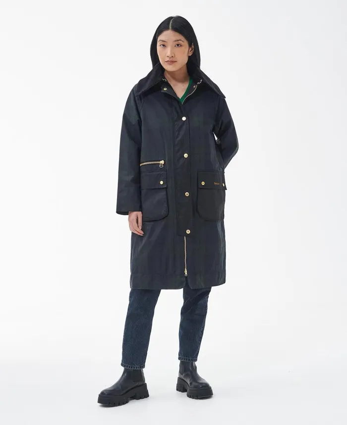 Women Waxed Jackets Barbour Printed Townfield Wax Jacket Classic Blacksage Tartan