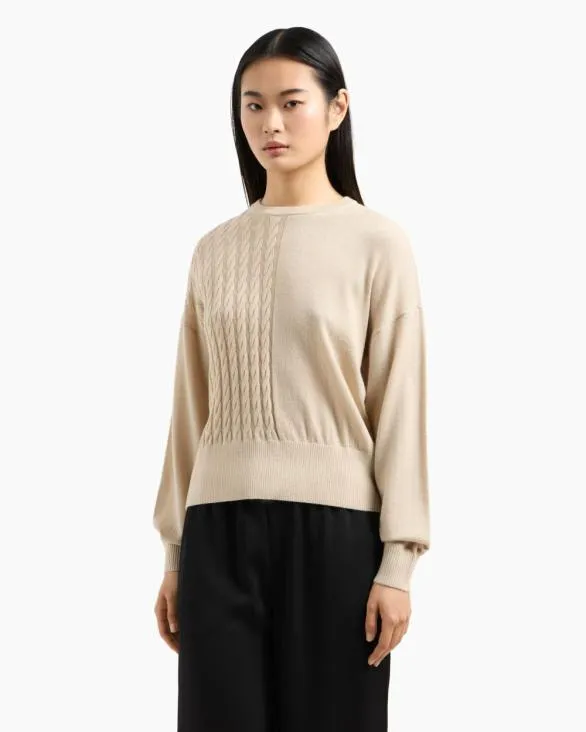 Wool Blend Sweater With Cables Beige Women Armani Knitwear Wool Blend Sweater With Cables Beige Women Armani Knitwear